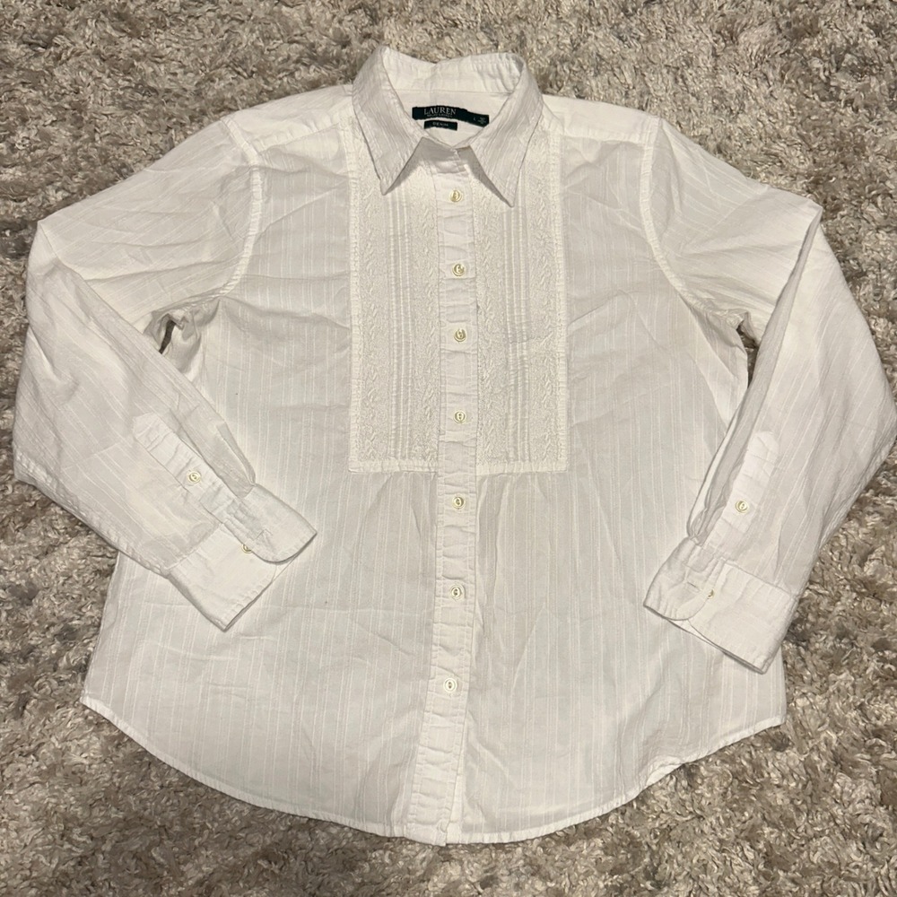 Lauren Ralph Lauren White Cotton Tuxedo Bib Button Down Shirt Womens Large